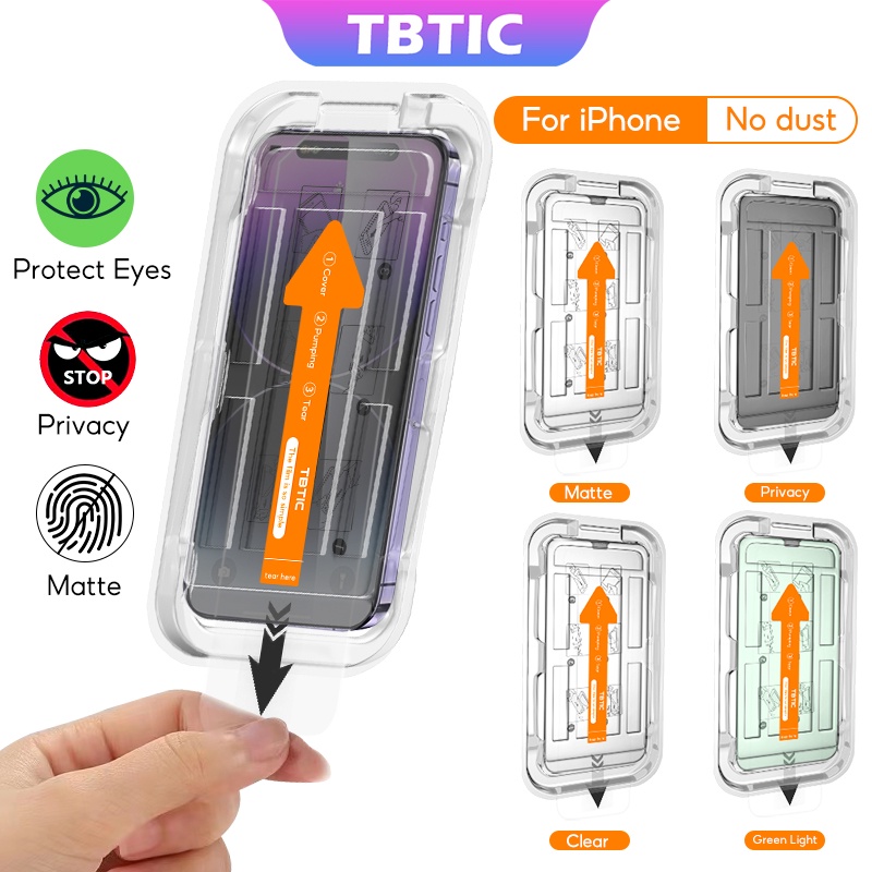 TBTIC For iPhone Screen Protector Tempered Glass 15 14 13 12 11 Pro Max Plus XR X Xs HD Matte Privacy Fingerprint Blueray Green Light With Auto Alignment Easy Install Full Coverage